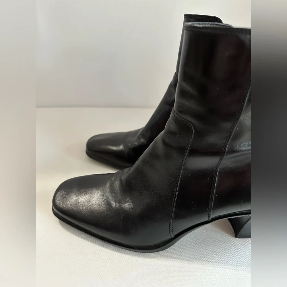 Antonio Melani Heels Black Leather Booties 3” Heel Y2K Chunky Square Toe - Picture 3 of 12